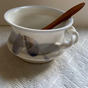 Art pottery pate serving dish with carved wood serving knife